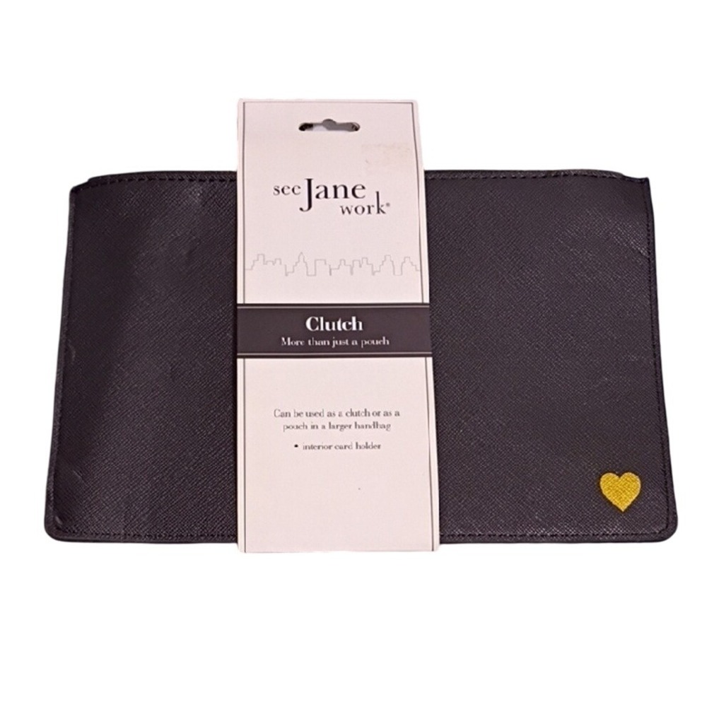 See Jane Work Clutch Pouch Bag Black with Gold Heart‎ New with Tags